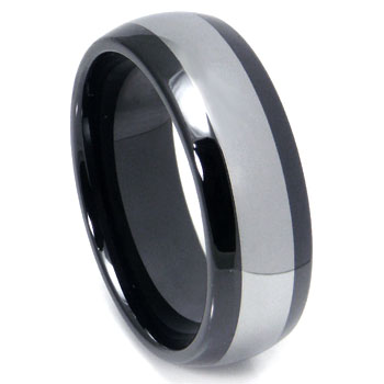 Black Ceramic Tungsten Carbide Inlay Dome Wedding Band Ring